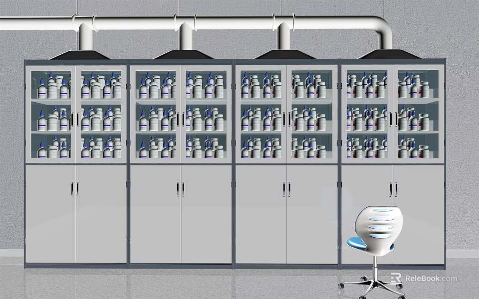 Modern Laboratory Storage Area With Medicine Cabinets Bottles Pipes And Chair 3d model 