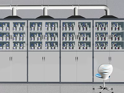 Modern Laboratory Storage Area With Medicine Cabinets Bottles Pipes And Chair 3d model