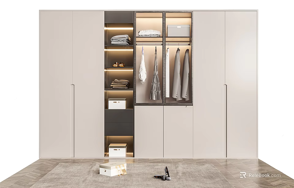 Modern Wardrobe Interior Design With Glass Doors Storage Shelves And Hanging Space 3d model 