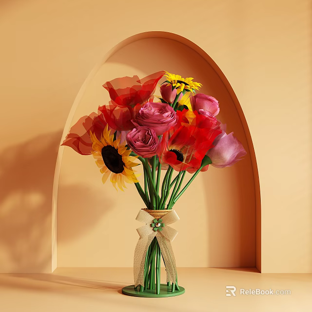 Vibrant Floral Arrangement With Red Pink Roses Yellow Sunflowers In Glass Vase With Ribbon Bow 3d model 