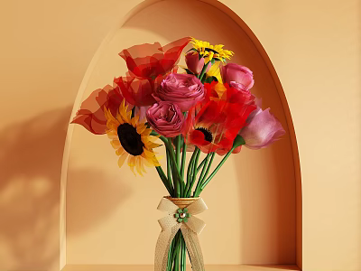 Vibrant Floral Arrangement With Red Pink Roses Yellow Sunflowers In Glass Vase With Ribbon Bow 3d model