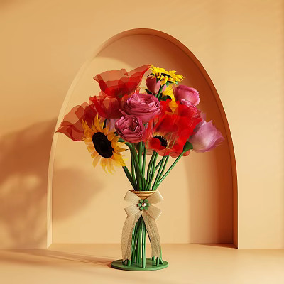 Vibrant Floral Arrangement With Red Pink Roses Yellow Sunflowers In Glass Vase With Ribbon Bow 3d model