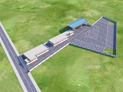Aerial View of Green Grass Area With Road Buildings Blue Roof and Parking Lot 3d model