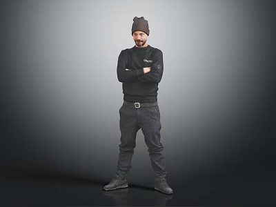 Man In Black Outfit With Beanie Standing Arms Crossed On Gray Gradient Background 3d model
