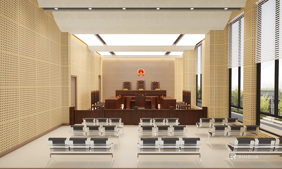 Courtroom Interior Featuring Wooden Judge Bench Arranged Audience Seats And Wall Emblem 3d model 