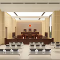 Courtroom Interior Featuring Wooden Judge Bench Arranged Audience Seats And Wall Emblem