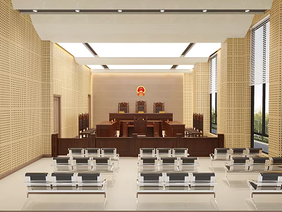 Courtroom Interior Featuring Wooden Judge Bench Arranged Audience Seats And Wall Emblem 3d model