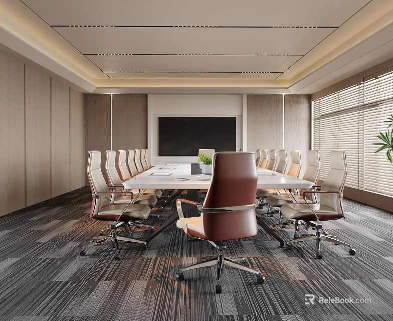 Modern Conference Room with Long Meeting Table Leather Chairs Projection Screen and Large Windows 3d model 