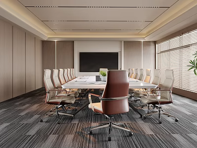 Modern Conference Room with Long Meeting Table Leather Chairs Projection Screen and Large Windows 3d model