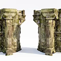 Stone and Wood Ancient Symmetrical Structures With Weathered Texture and Architectural Details