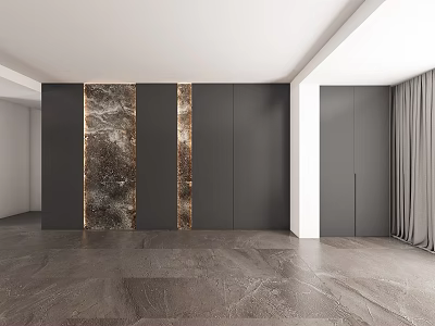 Modern Dining and Living Room Interior With Dark Cabinets Marble Accents and Golden Lines 3d model