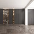 Modern Dining and Living Room Interior With Dark Cabinets Marble Accents and Golden Lines