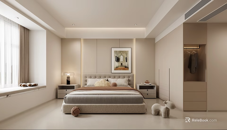 Modern Bedroom Interior Design With Bed Nightstands Table Lamp Wall Art And Wardrobe 3d model 