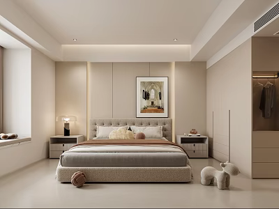 Modern Bedroom Interior Design With Bed Nightstands Table Lamp Wall Art And Wardrobe 3d model