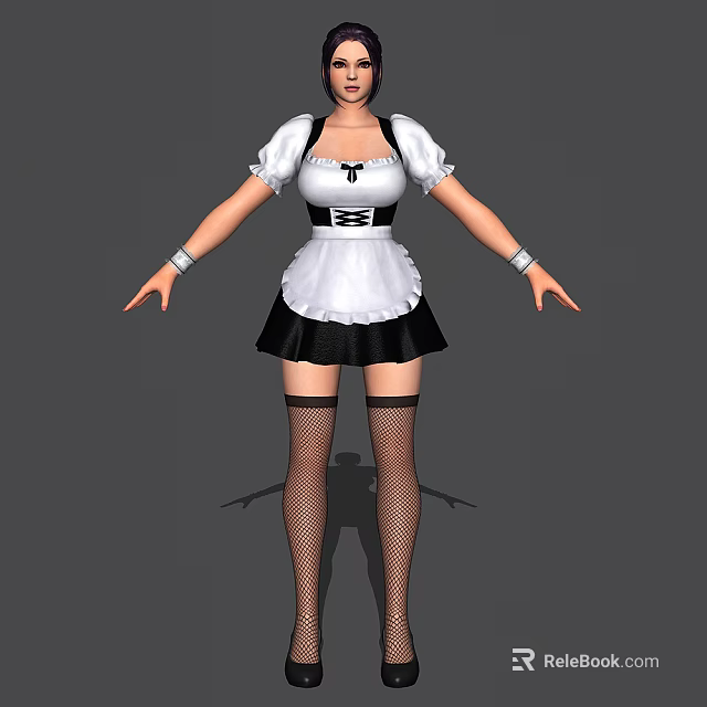 Woman Wearing Classic Maid Outfit With White Blouse Black Skirt And Fishnet Stockings 3d model 