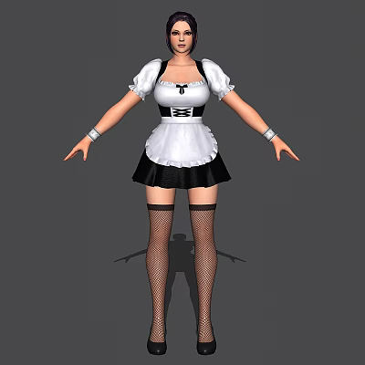 Woman Wearing Classic Maid Outfit With White Blouse Black Skirt And Fishnet Stockings 3d model