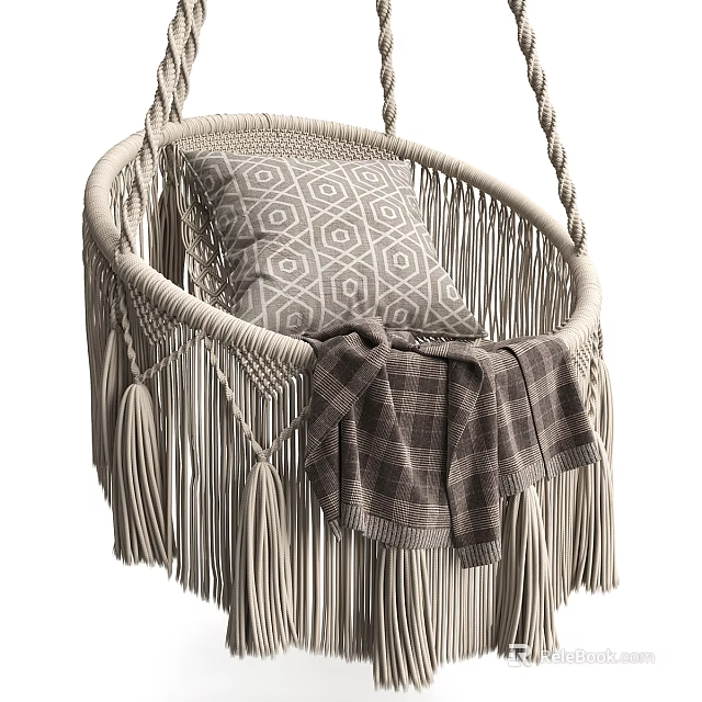 Cozy Boho Hanging Chair With Fringe Geometric Pattern Pillow And Plaid Blanket 3d model 