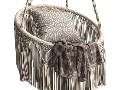 Cozy Boho Hanging Chair With Fringe Geometric Pattern Pillow And Plaid Blanket 3d model