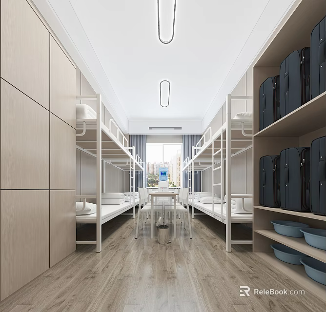 Modern Dormitory Room Interior With Bunk Beds Lockers And Wooden Floor 3d model 