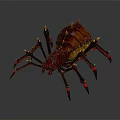 Red and Yellow Spider with Spiked Body and Multiple Legs Featuring Red Glowing Parts