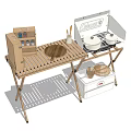 Portable Outdoor Dining Table with Stove Cooking Area Wooden Metal Frame Pots and Utensils