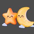 Inflatable Star and Moon Shaped Decorations With Smiling Faces and Clouds on Blue Background