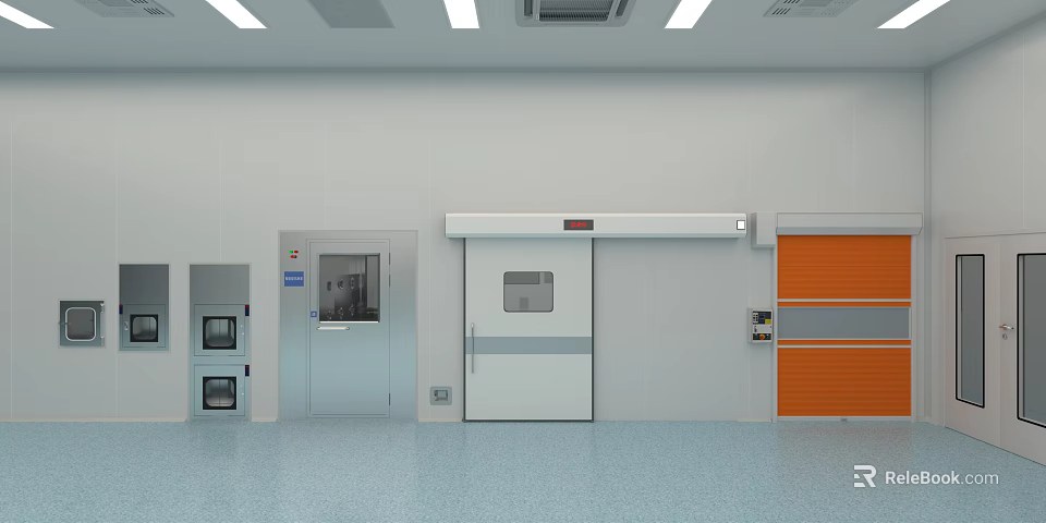 Industrial Workshop Interior Featuring White Walls Blue Floor Various Doors And Ceiling Lights 3d model 
