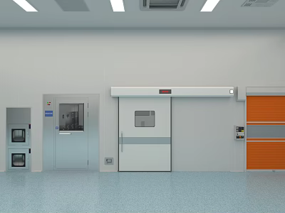 Industrial Workshop Interior Featuring White Walls Blue Floor Various Doors And Ceiling Lights 3d model