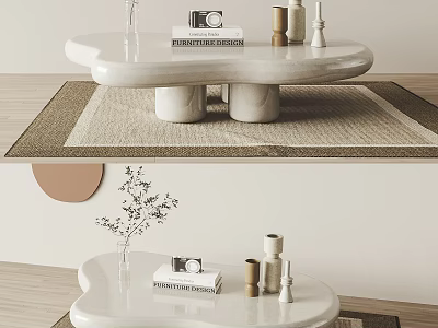 White Marble Coffee Table with Design Book Camera and Golden Decor Items on Woven Rug 3d model