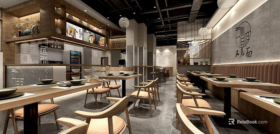 Modern Chinese Style Hotpot Restaurant Interior With Wooden Tables Chairs And Dish Display Screens 3d model 