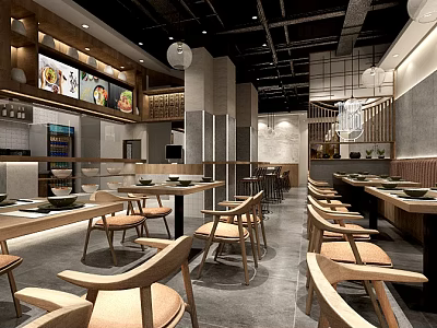 Modern Chinese Style Hotpot Restaurant Interior With Wooden Tables Chairs And Dish Display Screens 3d model