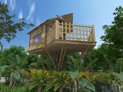 Wooden Treehouse with Wooden Balcony Fence Amidst Green Trees and Lush Plants Under Blue Sky 3d model