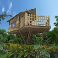 Wooden Treehouse with Wooden Balcony Fence Amidst Green Trees and Lush Plants Under Blue Sky
