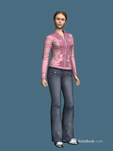 A Woman Dressed In Pink Jacket And Blue Jeans Standing Against Blue Background 3d model 