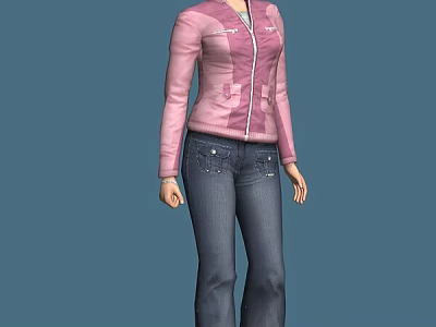 A Woman Dressed In Pink Jacket And Blue Jeans Standing Against Blue Background 3d model
