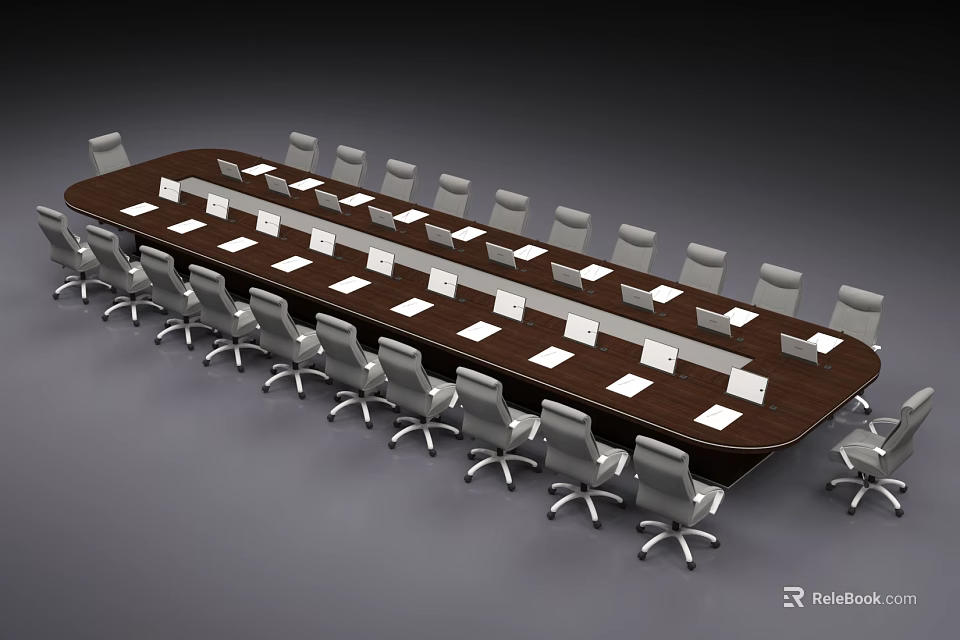 Long Wooden Conference Table Setup With Gray Office Chairs And White Papers 3d model 