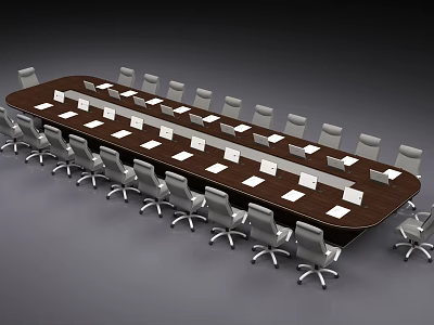 Long Wooden Conference Table Setup With Gray Office Chairs And White Papers 3d model