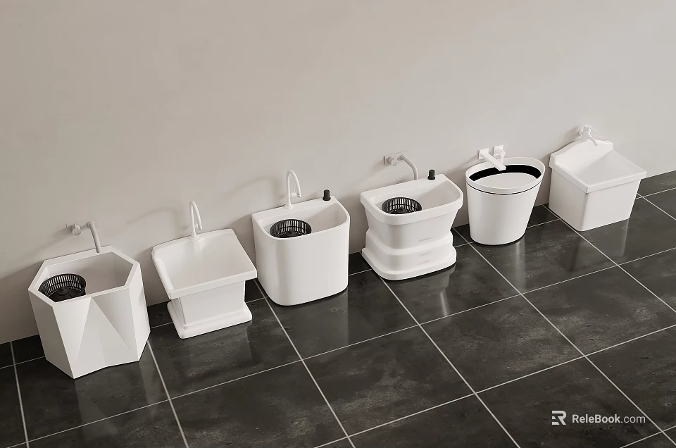 White Bathroom Fixtures Arranged On Dark Tile Floor 3d model