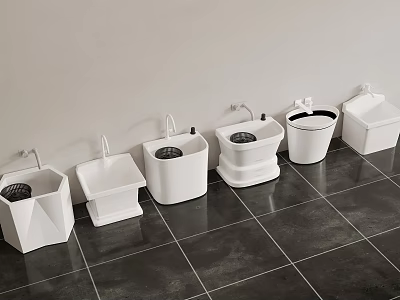 White Bathroom Fixtures Arranged On Dark Tile Floor 3d model