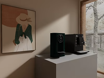 Living Room With Wall Art Coffee Machines On Grey Stand Window Blinds And Trees Outside 3d model