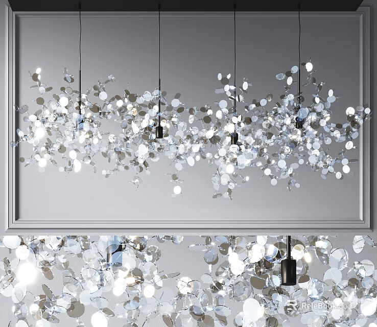 Modern Artistic Chandelier Design With Hanging Sparkling Glass Pieces And Bright Light Effects 3d model 