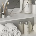 White Bathroom Shelves With Toiletries Bottles Rolled Towels And Decor