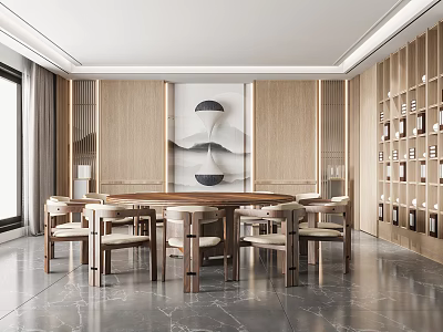 Elegant Modern Private Dining Room Interior With Round Table Wooden Chairs Artwork And Marble Floor 3d model