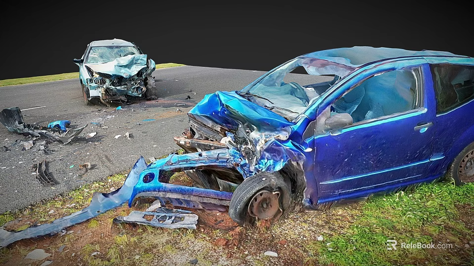 Wrecked Blue Car And Another Damaged Vehicle At Traffic Accident Scene With Scattered Debris 3d model 