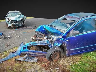 Wrecked Blue Car And Another Damaged Vehicle At Traffic Accident Scene With Scattered Debris 3d model