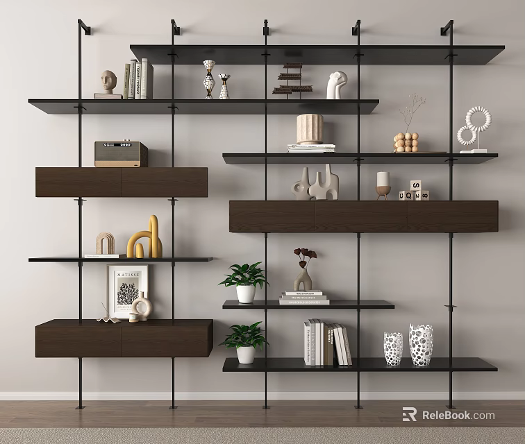 Modern Shelving Unit With Black Metal Frame Brown Wooden Shelves Decorative Items Books And Potted Plants 3d model 
