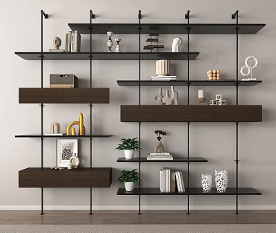 Modern Shelving Unit With Black Metal Frame Brown Wooden Shelves Decorative Items Books And Potted Plants 3d model