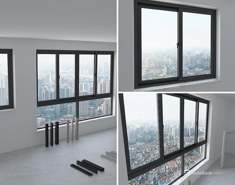 Black Casement Windows Frames in Modern Interior Room with City View 3d model 