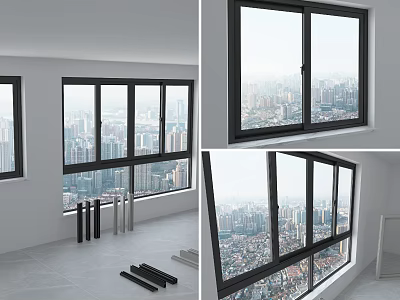 Black Casement Windows Frames in Modern Interior Room with City View 3d model