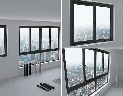 Black Casement Windows Frames in Modern Interior Room with City View 3d model